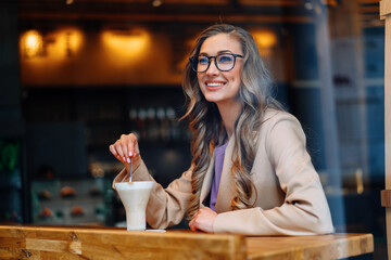 Business Woman Sitting Cafe Behind Window Waiting Business Partner