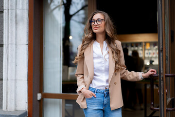 Business Woman Come Out Store Door Outside