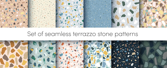 Vector Terrazzo flooring seamless patterns set. Abstract natural color italian textured stone surface, terrazzo concrete. Classic granite natural terrazzo floor. Interior design background collection