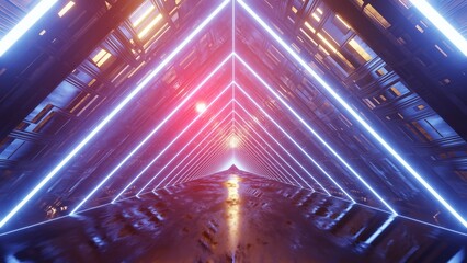 3D Rendering. Flight in abstract sci-fi tunnel. Futuristic motion graphics, high tech background. Time warp portal, lightspeed hyperspace concept. Glowing hi tech texture. Cyberpunk