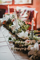 Decoration for special occasions. Beautiful table decoration with flowers. Rustic decoration. Wedding decoration.