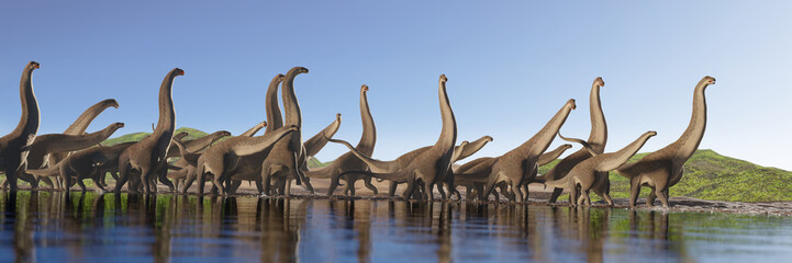 Alamosaurus, herd of Titanosaurus sauropod dinosaurs from the Cretaceous period - obrazy, fototapety, plakaty