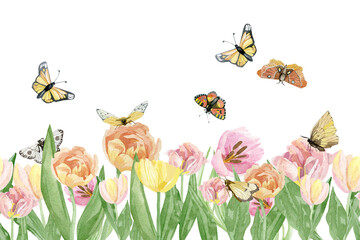 Hand painted tulip floral banner. Watercolor botanical garden meadow flowers with butterfly  isolated on white background. Beautiful field flower for greeting card, wedding invitation