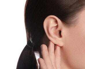 Woman showing hand to ear gesture on white background, closeup