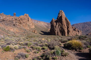 Volcanic mountain the Cathedral between the Roques de Gracia and the Roque Cinchado in the natural of Teide in Tenerife, Canary Islands