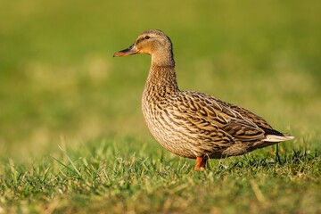 A female mallard duck, a brown water bird, standing on green grass on a spring sunny day. Blurry background.