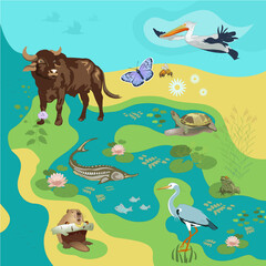 Fototapeta na wymiar Vector Illustration of animals on background of river. Pelicans flying in the sky, heron, water buffalo, beaver gnaws log, toad sits in the swamps, turtle swims