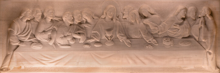 VALENCIA, SPAIN - FEBRUAR 17, 2022: The marble relief of Last supper from the altar of church...