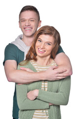 Portrait of beautiful woman and man on white background