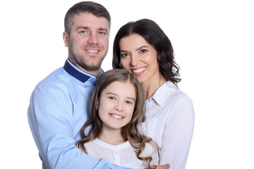 Happy family of three on white background