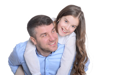 Happy father and daughter on white background