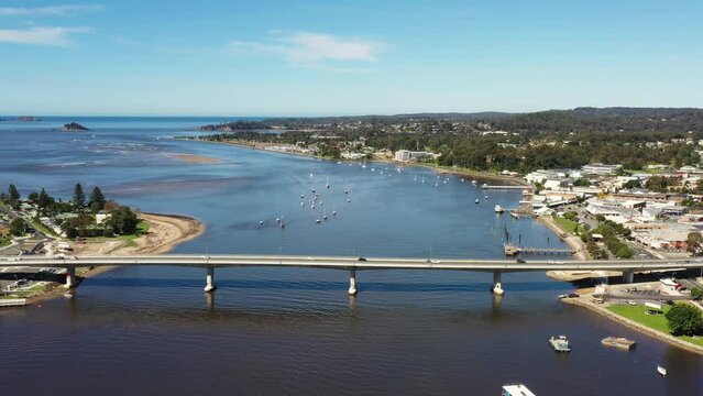 Princess highway bridge over Clyde river in Batemans bay town of coast 4k.
