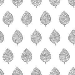Seamless pattern with hand-drawn leaves. Black and white outline digital paper. Vector background.