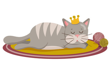 Happy cute cat kitty in crown lies and sleeps. Cartoon animal pet character isolated on white. Flat style vector illustration