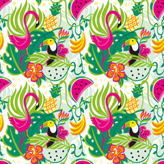 Toucan and flamingo in tropical forest. Summer vibes. Seamless pattern with exotic flowers and  fruits.