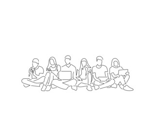 Group of friends in line art drawing style. Composition of people using technology. Black linear sketch isolated on white background. Vector illustration design.