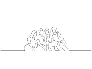 Group of friends in line art drawing style. Composition of people using technology. Black linear sketch isolated on white background. Vector illustration design.