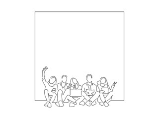 Group of friends in line art drawing style. Composition of people using technology. Black linear sketch isolated on white background. Vector illustration design.