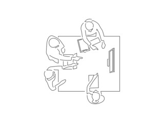 Teamwork in line art drawing style. Composition of a group of people using technology. Black linear sketch isolated on white background. Vector illustration design.