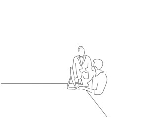 Teamwork in line art drawing style. Composition of a group of people using technology. Black linear sketch isolated on white background. Vector illustration design.