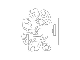 Teamwork in line art drawing style. Composition of a group of people using technology. Black linear sketch isolated on white background. Vector illustration design.