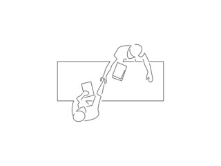 Teamwork in line art drawing style. Composition of a group of people using technology. Black linear sketch isolated on white background. Vector illustration design.