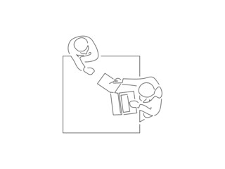 Teamwork in line art drawing style. Composition of a group of people using technology. Black linear sketch isolated on white background. Vector illustration design.