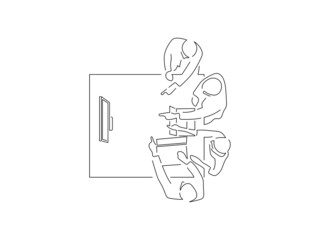 Teamwork in line art drawing style. Composition of a group of people using technology. Black linear sketch isolated on white background. Vector illustration design.