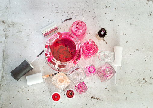 Empty nail polish bottles ready for recycling and nature protection