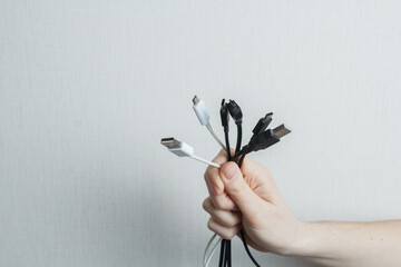 the girl holds in her hand usb wires of different standard.