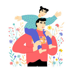 Father carrying his kid on neck. Portrait of a parent with his daughter. Vector flat illustration