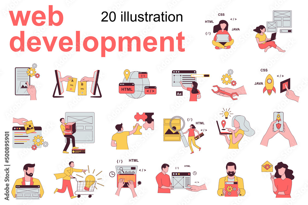 Wall mural web development concept with people scenes set in flat design. men and women coding, optimization si