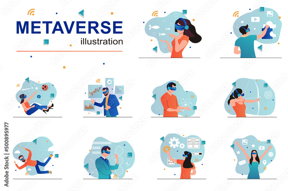 Poster Metaverse concept with people scenes set in flat design. Men and women in VR headset using cyberspace for work, playing game, study and science. Vector illustration visual stories collection for web
