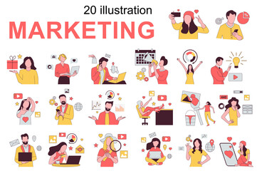 Marketing concept with people scenes set in flat design. Men and women create photo and video content, posting in social media, promote blogs. Vector illustration visual stories collection for web