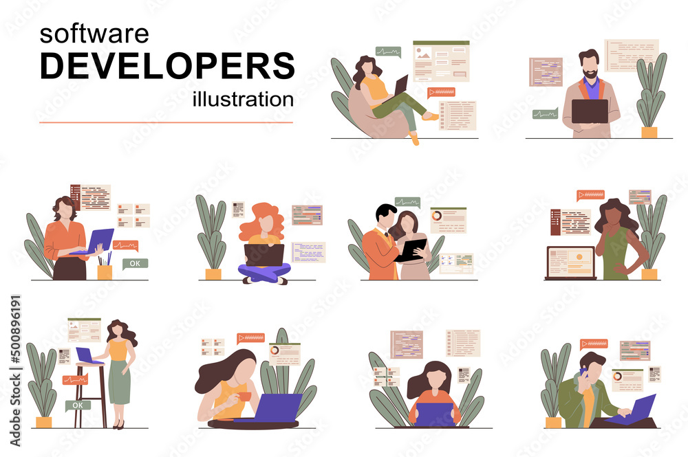 Poster Software developers concept with people scenes set in flat design. Men and women creating programs and apps, coding, programming, testing product. Vector illustration visual stories collection for web