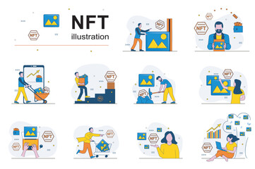 Fototapeta premium NFT concept with people scenes set in flat design. Men and women creating artworks with non-fungible token for auction, selling and buying art. Vector illustration visual stories collection for web