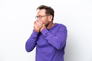 Middle age caucasian man isolated on white background covering mouth and looking to the side