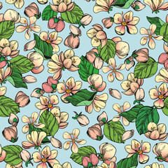 beautiful seamless pattern with floral pattern. Flowers, buds, apple tree leaves for fabric, paper, advertising, creativity
