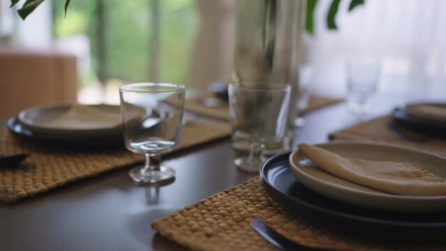 decorative ideas interior Table with glasses of house showflat arrangement indining room with background of white curtain with sunset home sweet home ideas concet