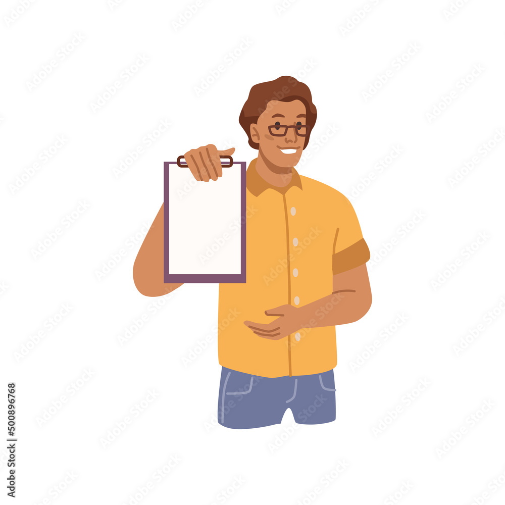 Poster Male personage presenting idea on paper planner notebook, isolated business director, boss or employee. Vector flat cartoon character, man with report and summaries of project and tasks assignments