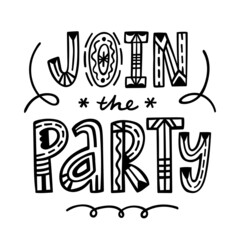Join the party invitation doodle card, print. Ethnic style, vector illustration.