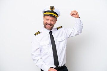 Airplane middle age pilot isolated on white background doing strong gesture