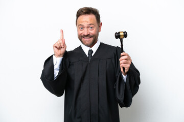 Middle age judge man isolated on white background showing and lifting a finger in sign of the best
