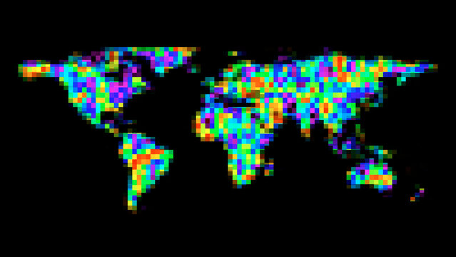 Pixelated World Map Background on Black Background