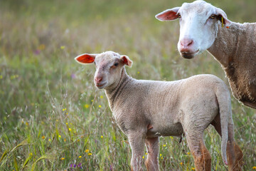 Obraz premium Baby sheep in a field with the mother