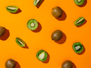Food pattern made with fresh kiwi slices on a vibrant orange background. Creative fruit concept. Minimal exotic fruit healthy diet idea. Vegetarian flat lay texture composition.
