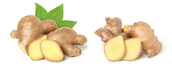 Close up, Fresh ginger rhizome with sliced and green leaves isolated on white background, cut out