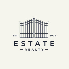 Real estate iron gate property logo. Lifestyle security estate line icon. Classic wrought iron entrance sign. Vector illustration.