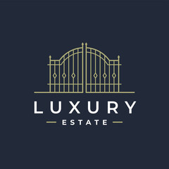 Luxury real estate gate logo. Upmarket property lifestyle security estate line icon. Classic wrought iron entrance sign. Vector illustration. - obrazy, fototapety, plakaty