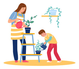 Boy watering plants with woman. Son and mother gardening together